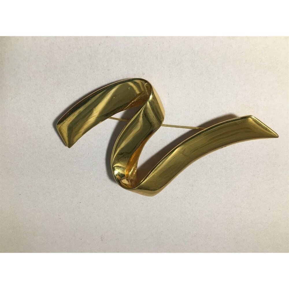 Vintage MONET Brooch Large Modernist Gold Tone Ribbon 4"